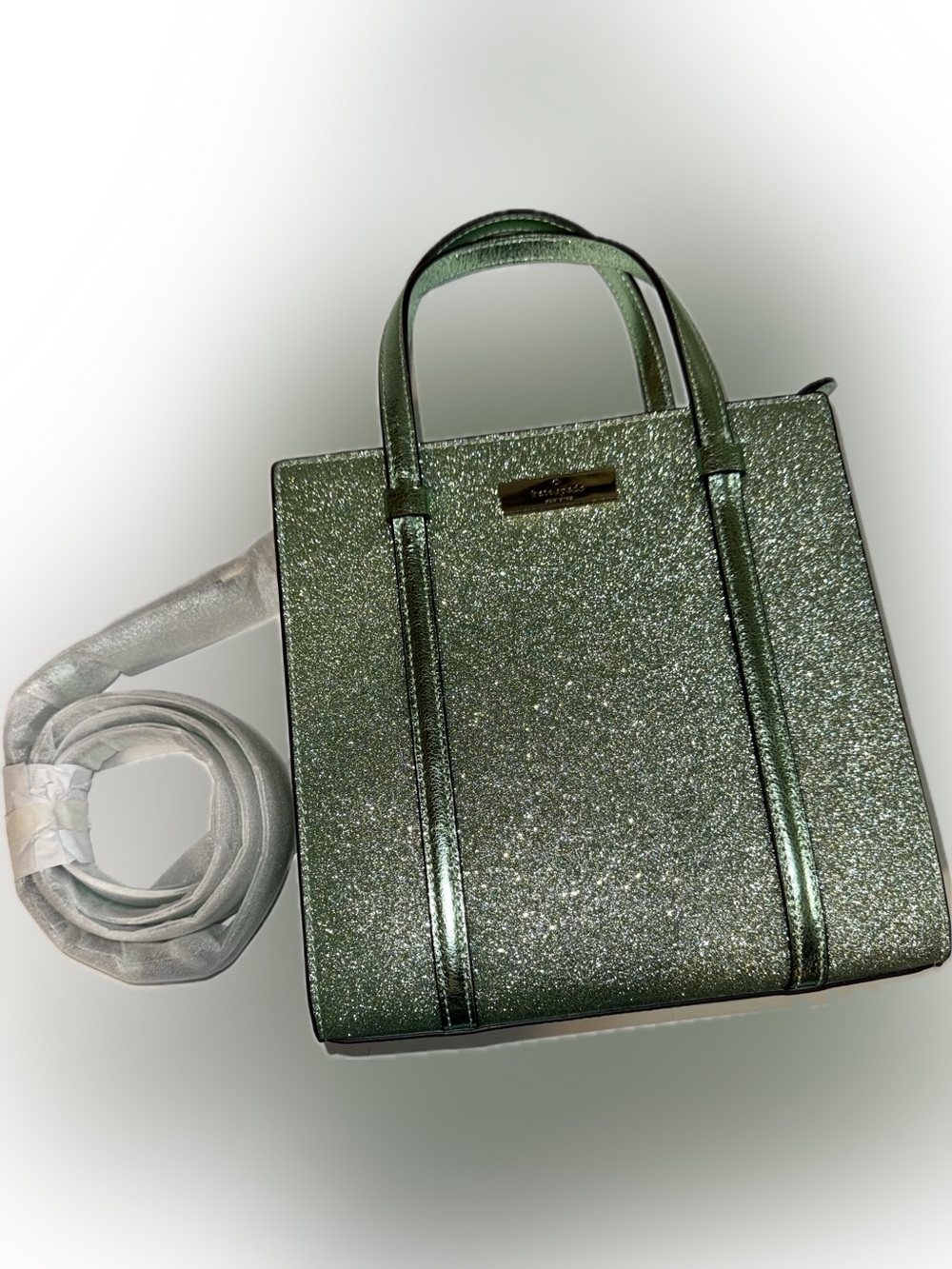 Kate Spade Kenzie Small Totes in a Sparkling Green “Sea Foam” Glitter Finish